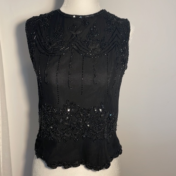 PAPELL BOUTIQUE Evening Black 100% Silk Top Beadwork & Sequins Vintage Size S - Picture 1 of 11